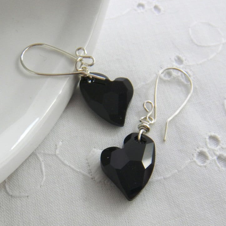 Black Heart Earrings Swarovski Crystal Earrings Handmade - Etsy