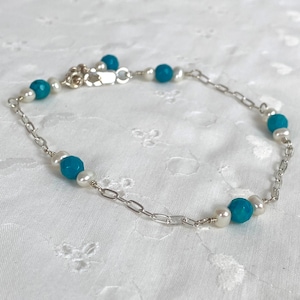 Dainty Turquoise and Pearl anklet in Sterling Silver