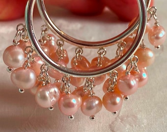 Hoop Earrings Pink Pearl, Sterling Silver Freshwater Pearl Hoop Earrings, Crystal Pearl Earrings, Bridal or Wedding Jewelry
