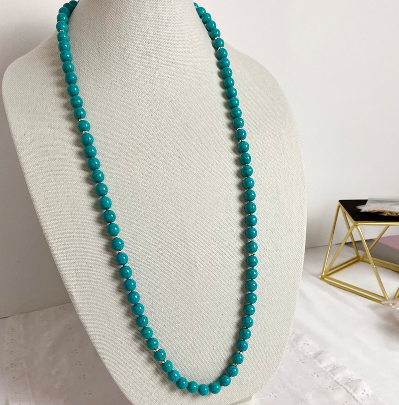 Long Turquoise Necklace Silver Gemstone Bead Necklace Long Etsy