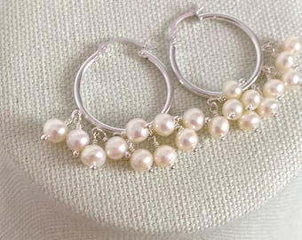 Freshwater Pearl Hoop Earrings: Sterling Silver Dangles, Bridal Jewelry