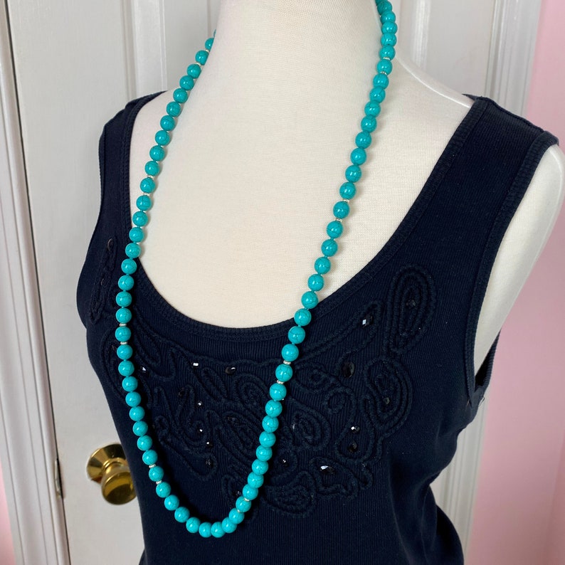 Long Turquoise Necklace Silver Gemstone Bead Necklace Long Etsy