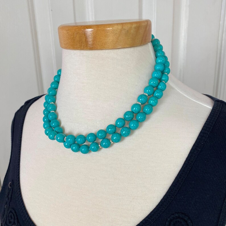 Long Turquoise Necklace Silver Gemstone Bead Necklace Long Etsy