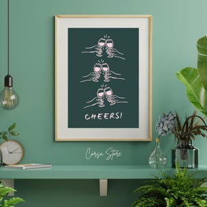 Green Cheers Printable Art, Wine Lovers Wall Art, Bar Cart Decor, Wine Glass Art Print, Celebration Digital Download, Wine Art, Home Bar Art