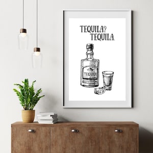 Tequila Art Print, Black and White Sketch, Bar Cart Decor (Digital Download)
