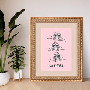 Pink Cheers Printable Art, Wine Lovers Wall Art, Bar Cart Decor, Wine Glass Art Print, Celebration Digital Download, Wine Art, Home Bar Art
