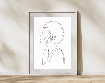 Lámina artística de línea femenina, Mujer minimalista con cabello rizado (Descarga digital)