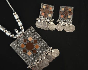 Silver-Tone Afghan Jewelry Set | Boho Necklace and Earrings