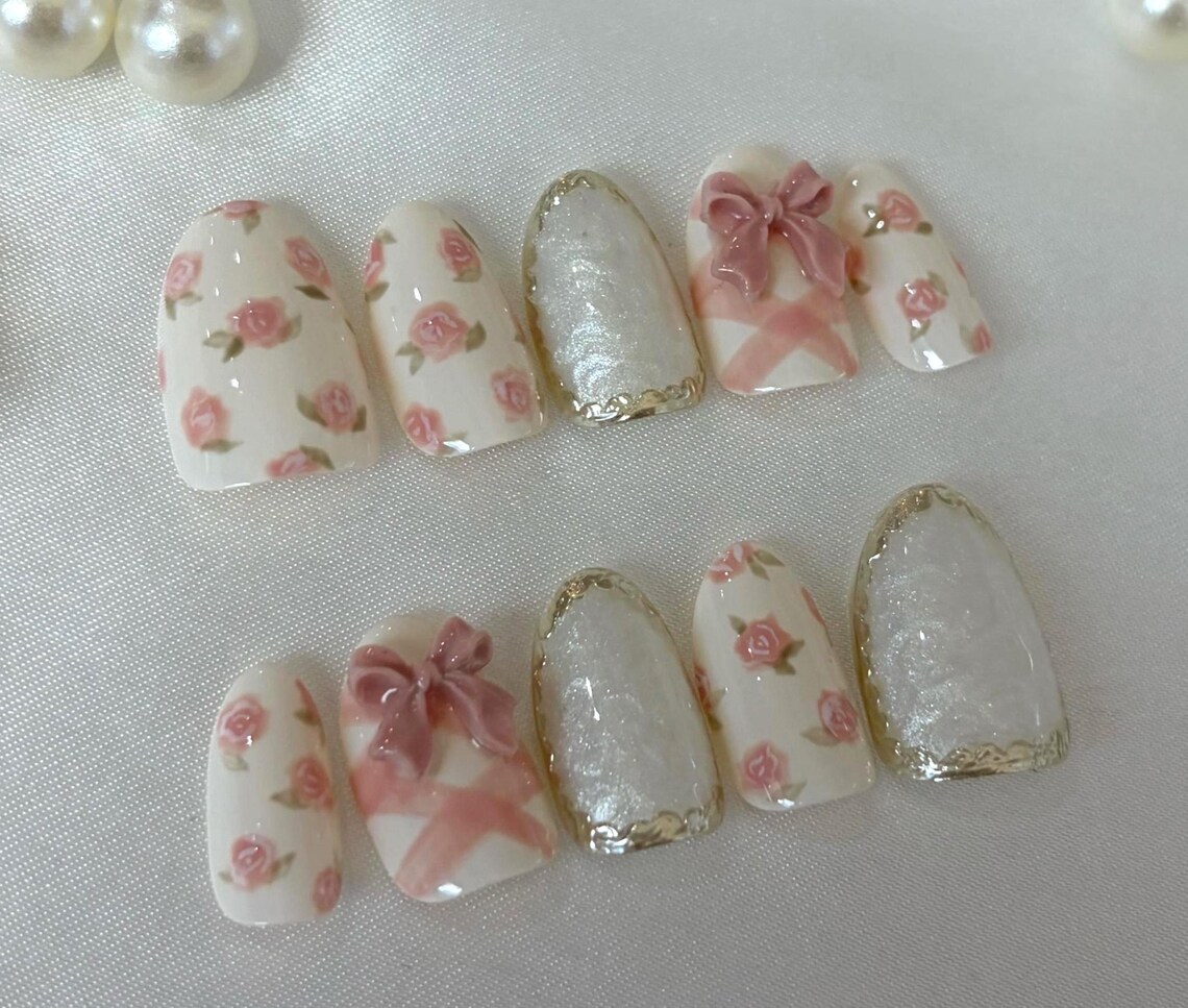 Rosy Ribbons Nails: Pink Rose and Bow Press-on Nails With Gold Accents ...