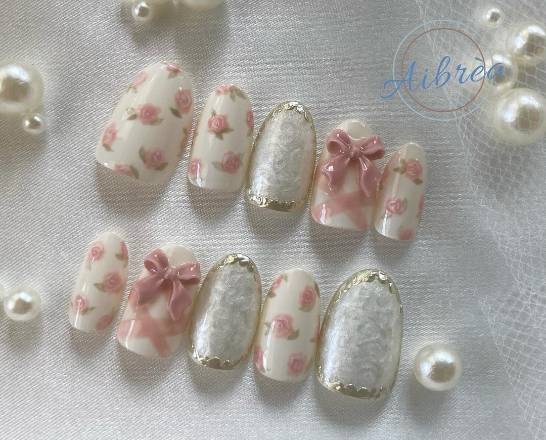 Rosy Ribbons Nails: Pink Rose and Bow Press-on Nails With Gold Accents ...