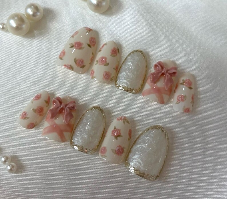 Rosy Ribbons Nails: Pink Rose and Bow Press-on Nails With Gold Accents ...