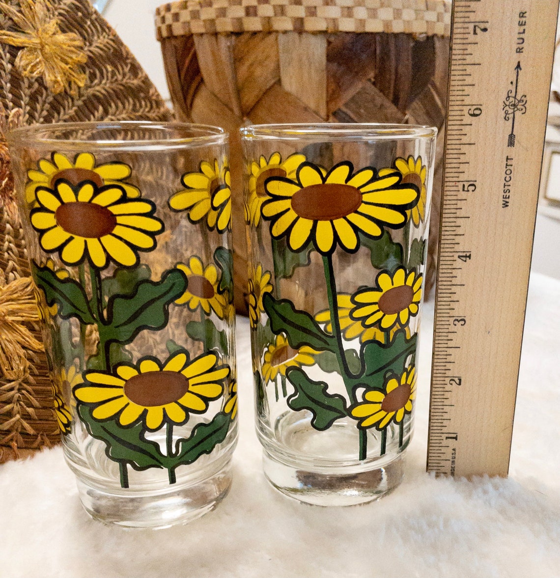 Set of 2 Retro Sunflower Glasses Vintage Floral Tumbler Etsy