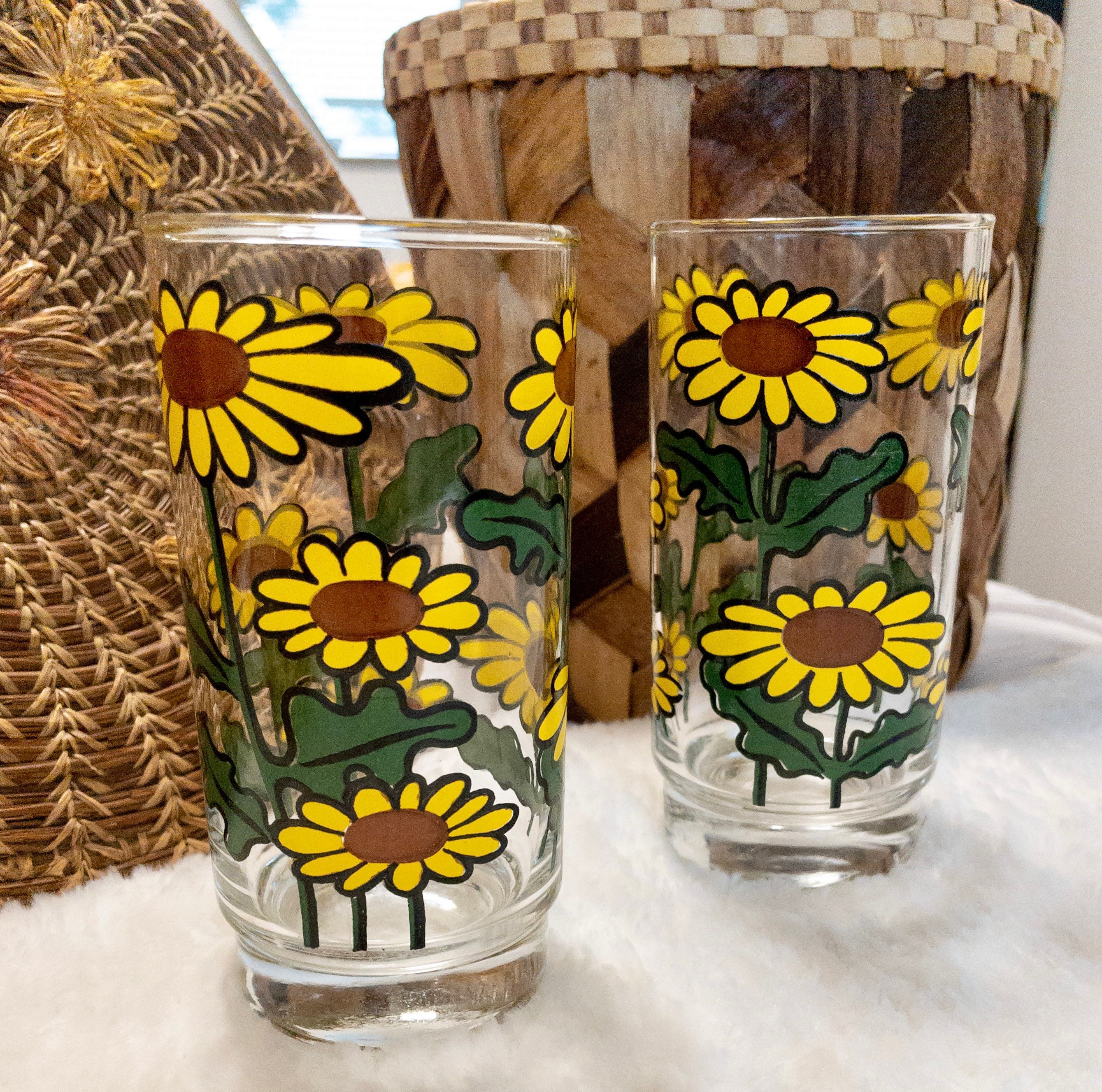 Set of 2 Retro Sunflower Glasses Vintage Floral Tumbler Etsy