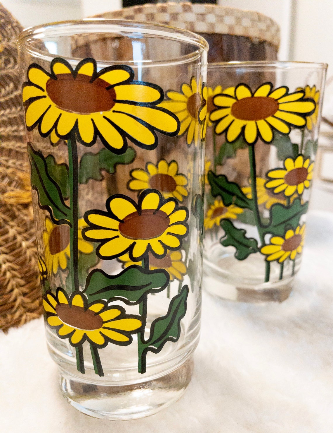 Set of 2 Retro Sunflower Glasses Vintage Floral Tumbler Etsy