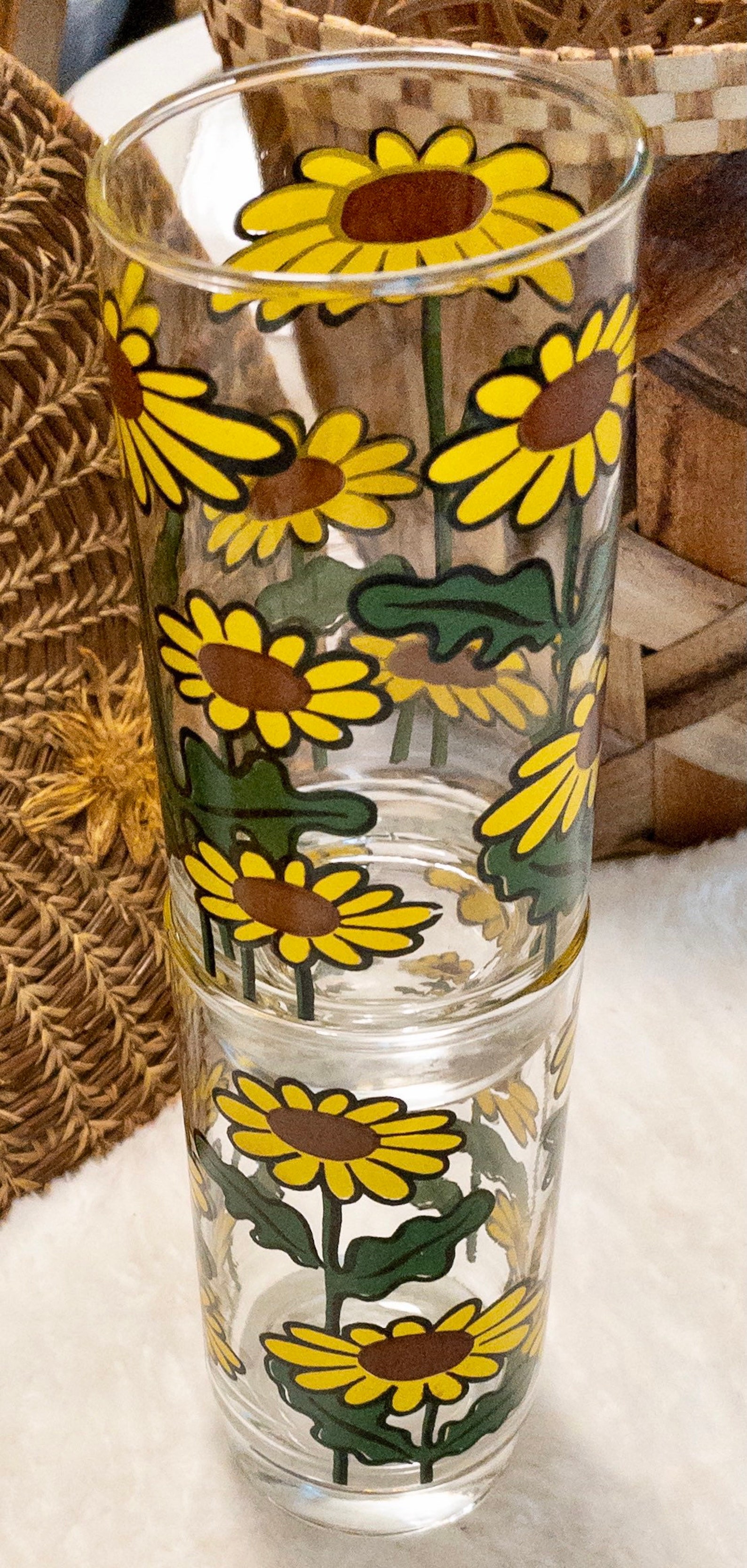 Set of 2 Retro Sunflower Glasses Vintage Floral Tumbler Etsy