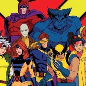 May include: A vibrant graphic illustration featuring a group of eleven comic book characters arranged in front of a large yellow circular emblem with a red background. The characters display various costumes in blue, yellow, red, and green.