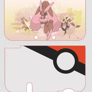 May include: A two-piece Nintendo 3DS case featuring a Loppuny and other Pokemon characters. The top piece has a pink and brown Loppuny with a light background. The bottom piece is white with a black and red Pokeball design.