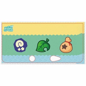 Puede incluir: Una tarjeta rectangular con iconos del juego Animal Crossing. La tarjeta tiene una parte superior amarilla, una parte media verde con un patrón de ondas azules y una parte inferior blanca. Los iconos incluyen un fósil morado, una hoja verde y una bolsa de dinero beige.