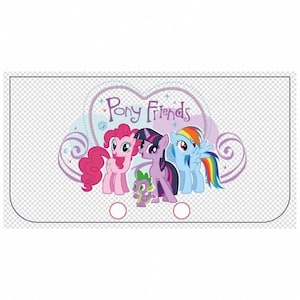 May include: A rectangular graphic with the text "Pony Friends" in a heart-shaped design. The image depicts cartoon ponies in pink, purple, and blue with rainbow manes and tails, and a small green dragon.