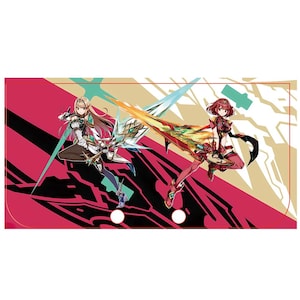 Peut inclure: Graphique rectangulaire avec deux personnages de style anime armés. Le fond est un mélange de formes géométriques rouges, noires et beiges. Un personnage est blond, l'autre a les cheveux roux. Les deux sont dans des poses dynamiques.