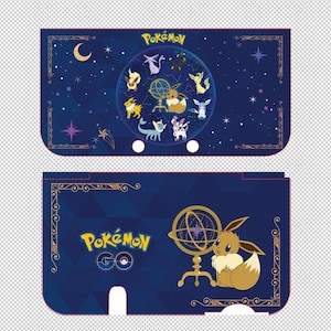 May include: A navy blue Nintendo Switch case featuring the Pokémon logo and Eevee. The top panel has a circular design with various Eevee evolutions and a celestial theme. The bottom panel has Eevee with a globe and the Pokémon Go logo.