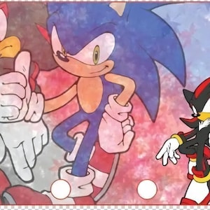 May include: Illustration of Sonic the Hedgehog and Shadow the Hedgehog giving a thumbs-up. The artwork features the characters in various poses, with a watercolor-like effect. The background has a soft, colorful gradient.