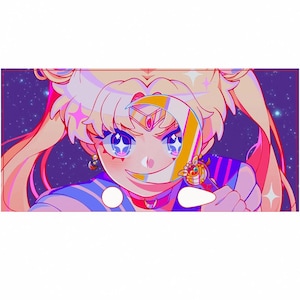May include: Anime-style illustration of a character with blonde hair, blue eyes, and a determined expression. The character is wearing a sailor uniform with blue and white stripes, holding a crescent-shaped object. The background is a starry night.