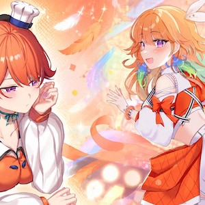 May include: An anime-style illustration featuring two figures with orange hair and purple eyes. One figure wears a white chef hat and orange outfit, while the other wears an orange and white ensemble with ribbons, set against a vibrant, warm background.
