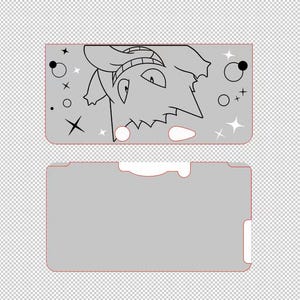 Könnte beinhalten: Ein graues rechteckiges Etui mit einem Cartoon-Charakter-Design. Der obere Teil zeigt einen schwarzen Umriss des Gesichts einer Figur mit Hut, umgeben von Sternen und Kreisen. Der untere Teil ist ein schlichtes graues Rechteck.