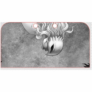 May include: A monochrome illustration featuring a character with long, flowing hair and a unique helmet-like headpiece. The artwork has a textured background, and the character's features are detailed with shading, creating a dramatic effect. The overall style suggests a fantasy or manga theme.