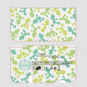 May include: A Nintendo 3DS XL skin with a pattern of green and teal Luigi silhouettes on a white background with small white dots. The bottom section includes text that reads "THE YEAR OF LUIGI" and "new Nintendo 3DS XL".