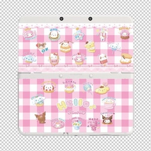 May include: A white Nintendo 3DS console with a pink and white checkered design. The console is decorated with various cartoon character stickers and the words "Hello Sanrio".
