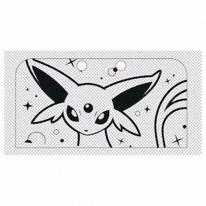 May include: Black and white graphic of a cartoon character with large ears and three eyes, surrounded by stars and other small shapes. The design is on a rectangular surface with rounded corners.