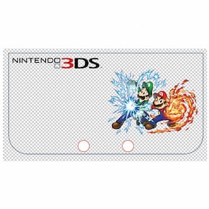 May include: A Nintendo 3DS skin featuring Mario and Luigi. Luigi is surrounded by blue lightning, while Mario is engulfed in flames. The Nintendo 3DS logo is at the top left corner. The background is a transparent grid.