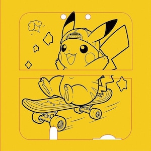 Puede incluir: Gráfico amarillo con un Pikachu de dibujos animados con gorra y monopatín. La ilustración de Pikachu está delineada en negro, con un fondo amarillo y formas decorativas.