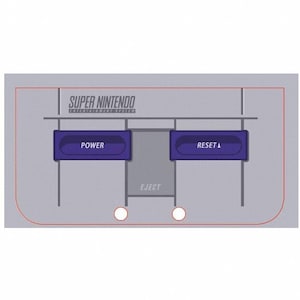 May include: A close-up of a Super Nintendo Entertainment System console. The console has a grey background with the words "SUPER NINTENDO ENTERTAINMENT SYSTEM" at the top. It features purple buttons labelled "POWER" and "RESET".
