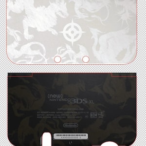 Może przedstawiać: Biało-szara naklejka na Nintendo 3DS XL z motywem smoka i emblematu. Dolna część jest czarna z napisem "new Nintendo 3DS XL" i "Nintendo".