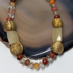 Rutilated Quartz Beaded Necklace with Lost Wax African Brass Beads and Antique Carnelian Beads