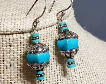 Ethnic Earrings Turquoise Earrings Beaded Earrings Turquoise Beaded Earrings Boho Earrings Turquoise and Silver Earrings