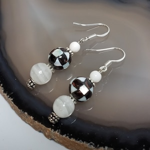 Mother of Pearl Beaded Earrings White Earrings Checkerboard Earrings