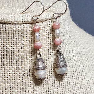 Rhodochrosite Earrings Freshwater Pearl Earrings Ethnic Earrings Boho Chic Earrings Pink Earrings