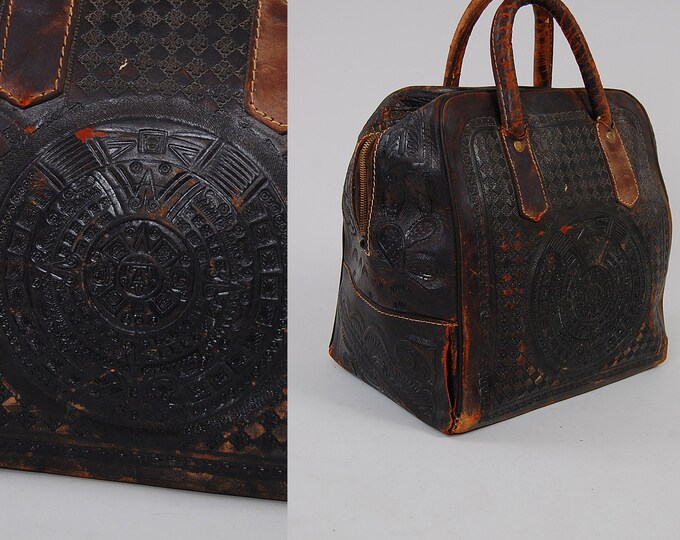 Vintage 50s Mexican Tooled Leather BOWLING BAG Tote / Aztec Calendar
