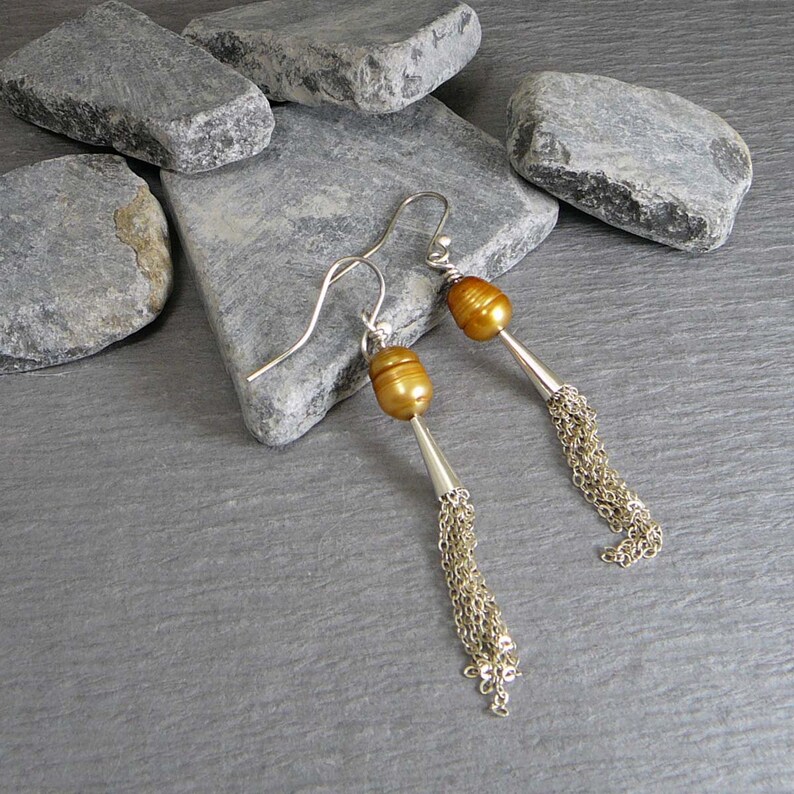 Sterling silver tassel earrings freshwater pearl handmade Etsy
