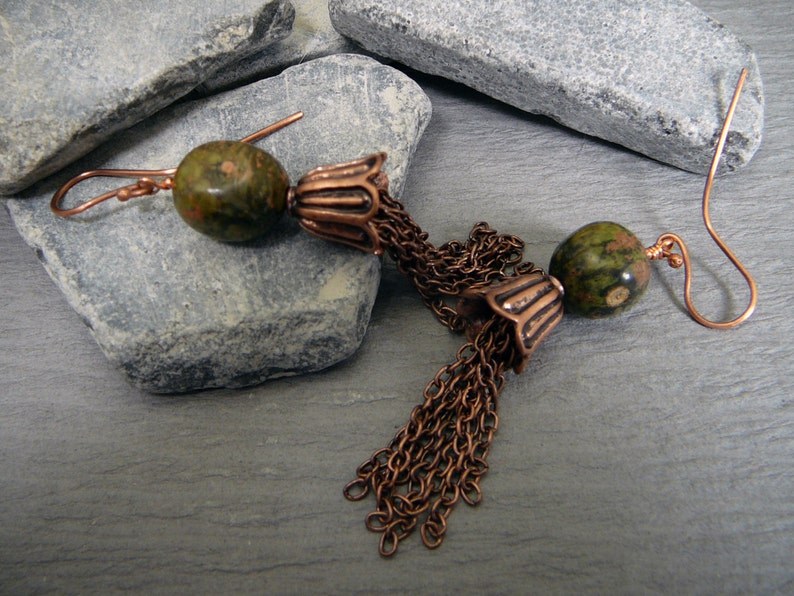 Tassel earrings copper gemstone bead dangle handmade Etsy