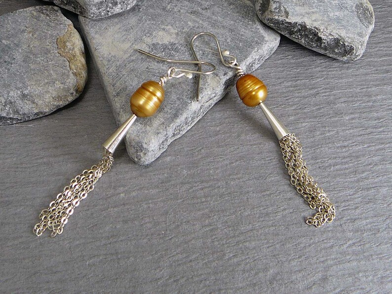Sterling silver tassel earrings freshwater pearl handmade Etsy