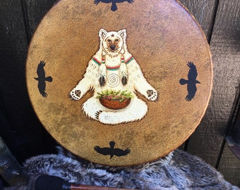 SPIRIT BEAR Magical Power - shaman drum with signature totem symbology artwork - 16" diameter