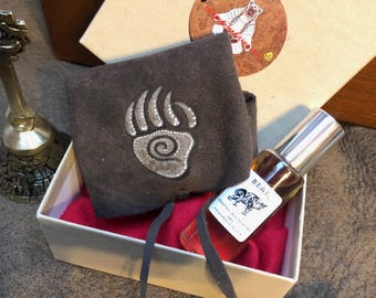 Bear Medicine Bundle: Deer Skin Pouch with Sacred Herbs, Crystal Point and Totem Attributes