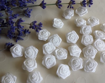 New Item -- 25 Pieces of Hand Made Ribbon Roses in WHITE Color -- 18 - 15 mm