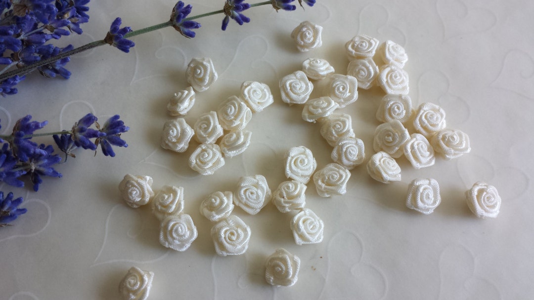 30 Ct Ribbon Roses New Item -- 30 Pieces of Hand Made Ribbon Roses in Ivory Color -- 12 ...