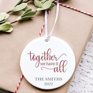 Personalized Ceramic Christmas Ornament: First Year Married, Rustic Newlywed Gift